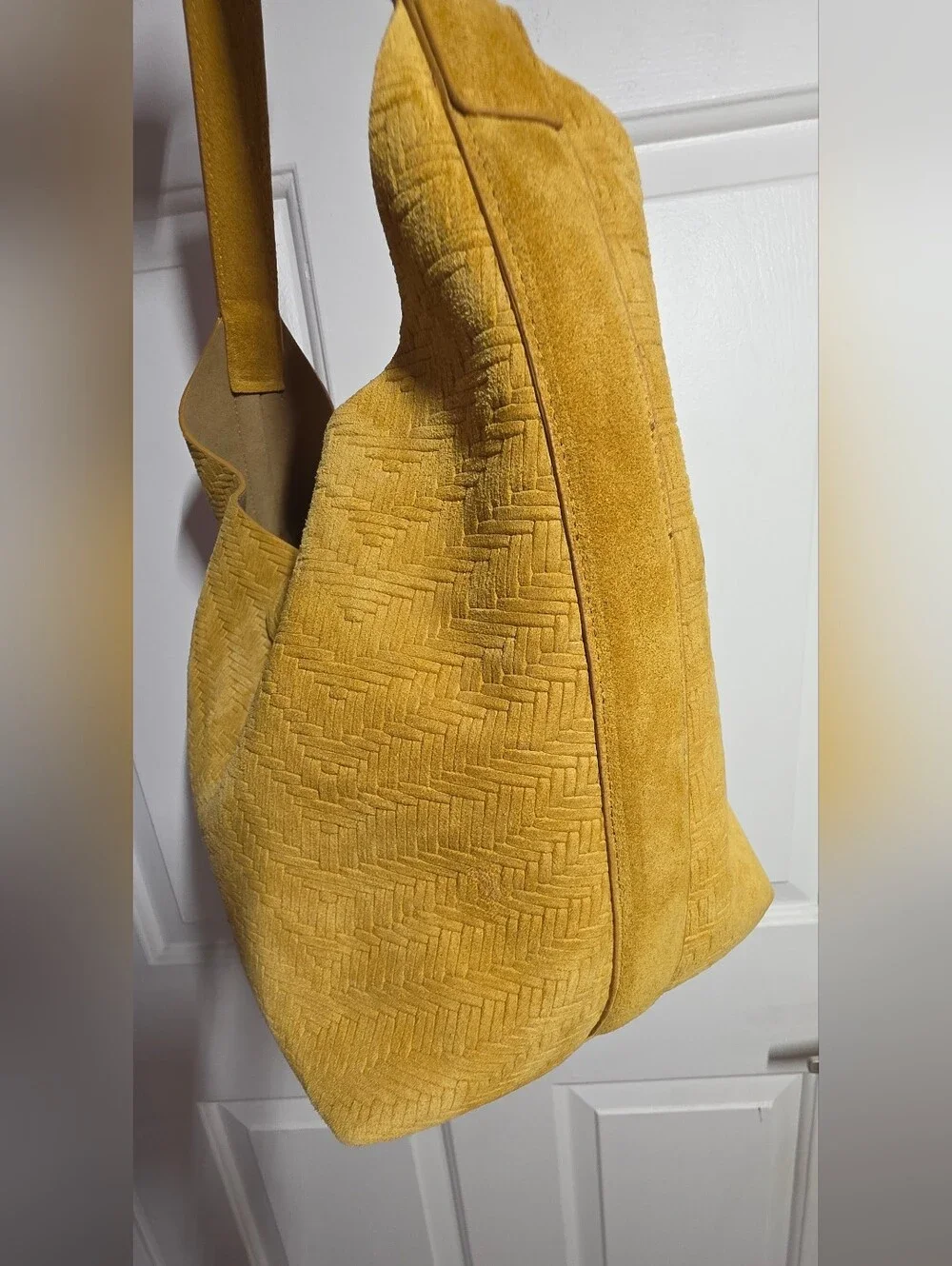 Genuine Leather Suede Yellow Mustard Braided Woven Hobo Shoulder Bag - Women